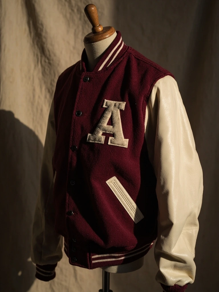 Heritage varsity jacket hanging in the Alpha Jackets San Antonio workroom