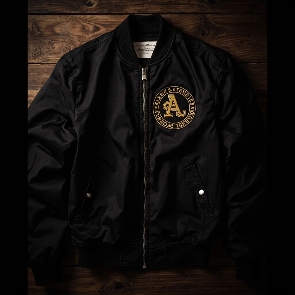 A black commemorative bomber jacket with metallic gold embroidered crest, photographed on dark walnut.