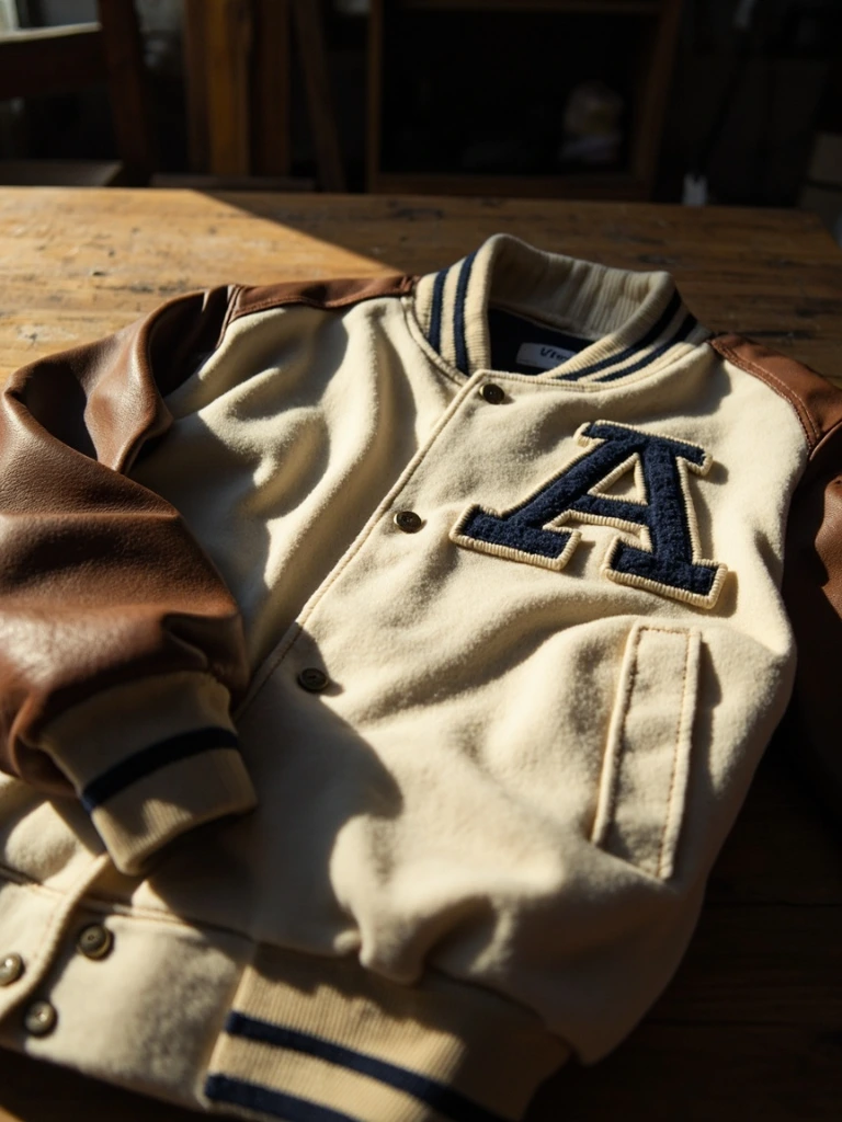 A finished letterman jacket with cream wool body and brown leather sleeves, photographed in warm studio light