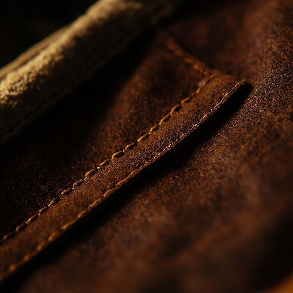 Detail of full-grain cowhide leather sleeve showing natural grain