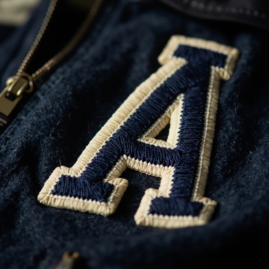 Hand-cranked chenille letter patch in navy and cream