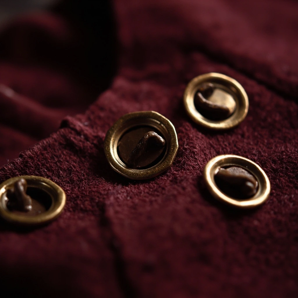 Macro close-up of antique brass snap fasteners set into oxblood wool.