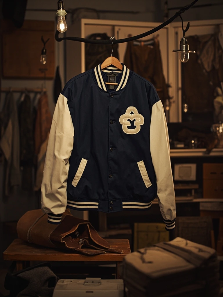 A finished varsity jacket hanging in a tailor's studio surrounded by wool, leather, and chenille.