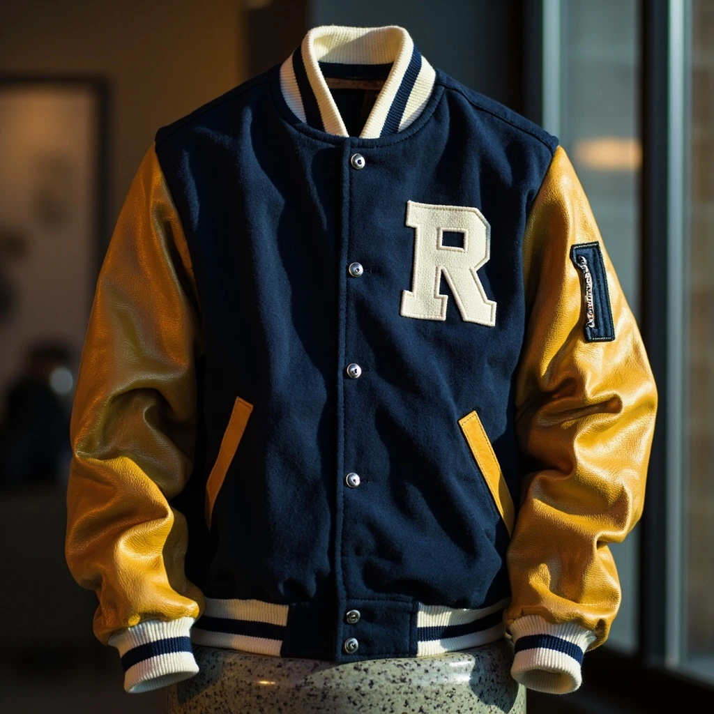 Navy wool varsity jacket with cream leather sleeves and a chenille 'R' on the chest.