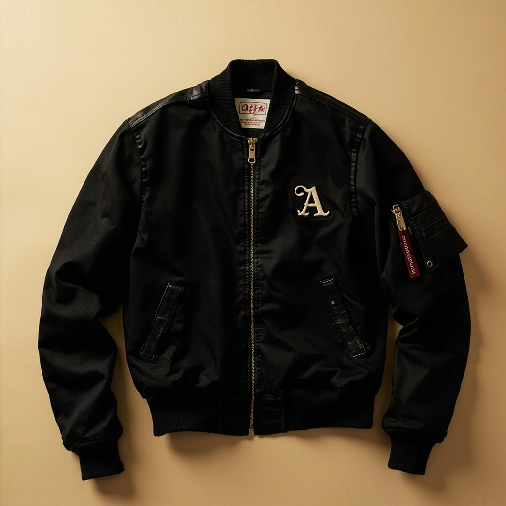Black wool bomber jacket with ribbed trim and a small embroidered crest on the chest.