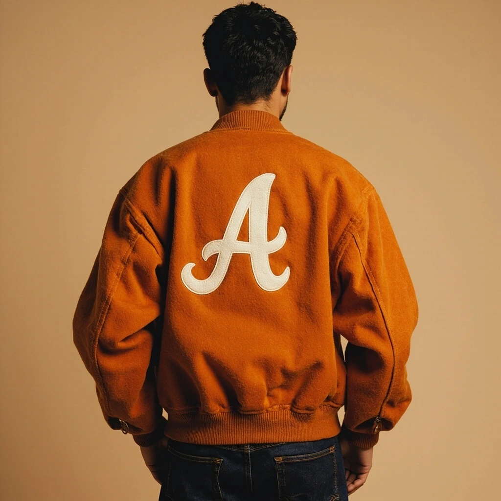 Burnt orange cropped capsule jacket with raglan sleeves and an oversized cream chenille monogram on the back.