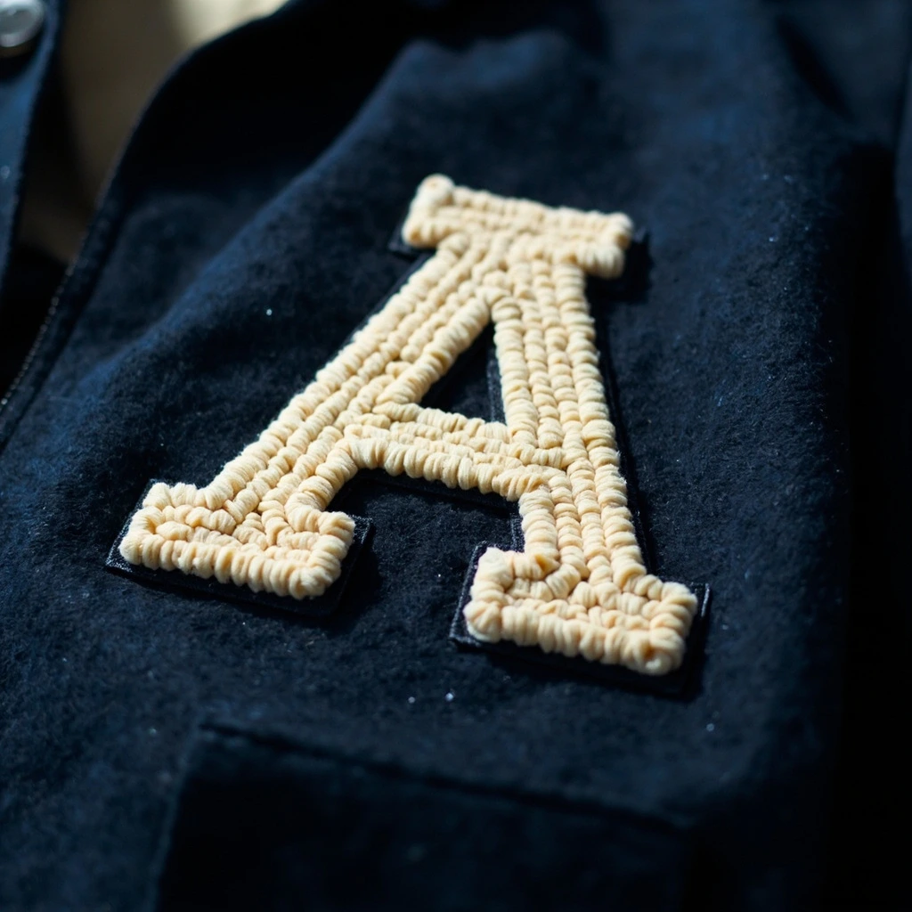 Macro close-up of a cream chenille letter 'A' stitched onto navy wool.